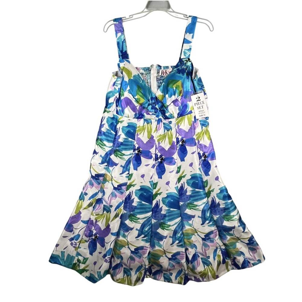 R&K Women's Size 14 Floral Sleeveless Cocktail Dress White Blue Purple Green NEW